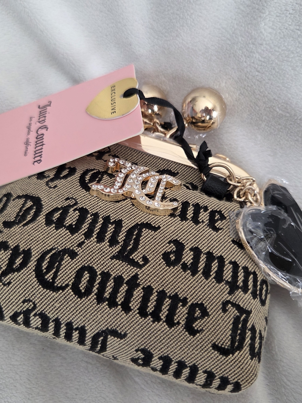 Juicy Couture Black & Beige Logo Wristlet with Gold JC Jewel Charm